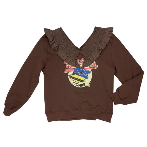 Wild Shark Surfing Sweatshirt By Panduola Studio S/M Brown Long Sleeve Upcycled - Picture 12 of 12